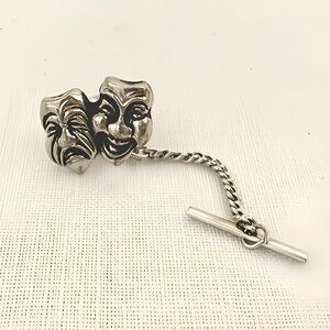 Vintage Theater Masks Tie Tack Pin .75in Silver Tone Drama Chain Toggle Bar
